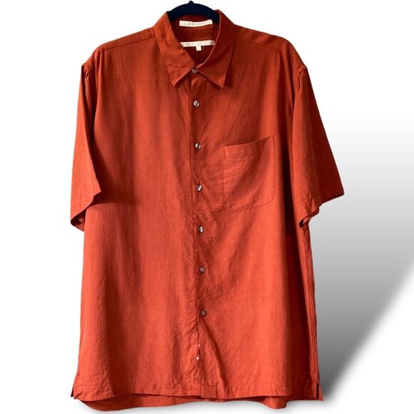 Perry Ellis 100% Silk Dress Shirt Mens L Orange Short Sleeve Button-Up Pocket - Picture 1 of 10